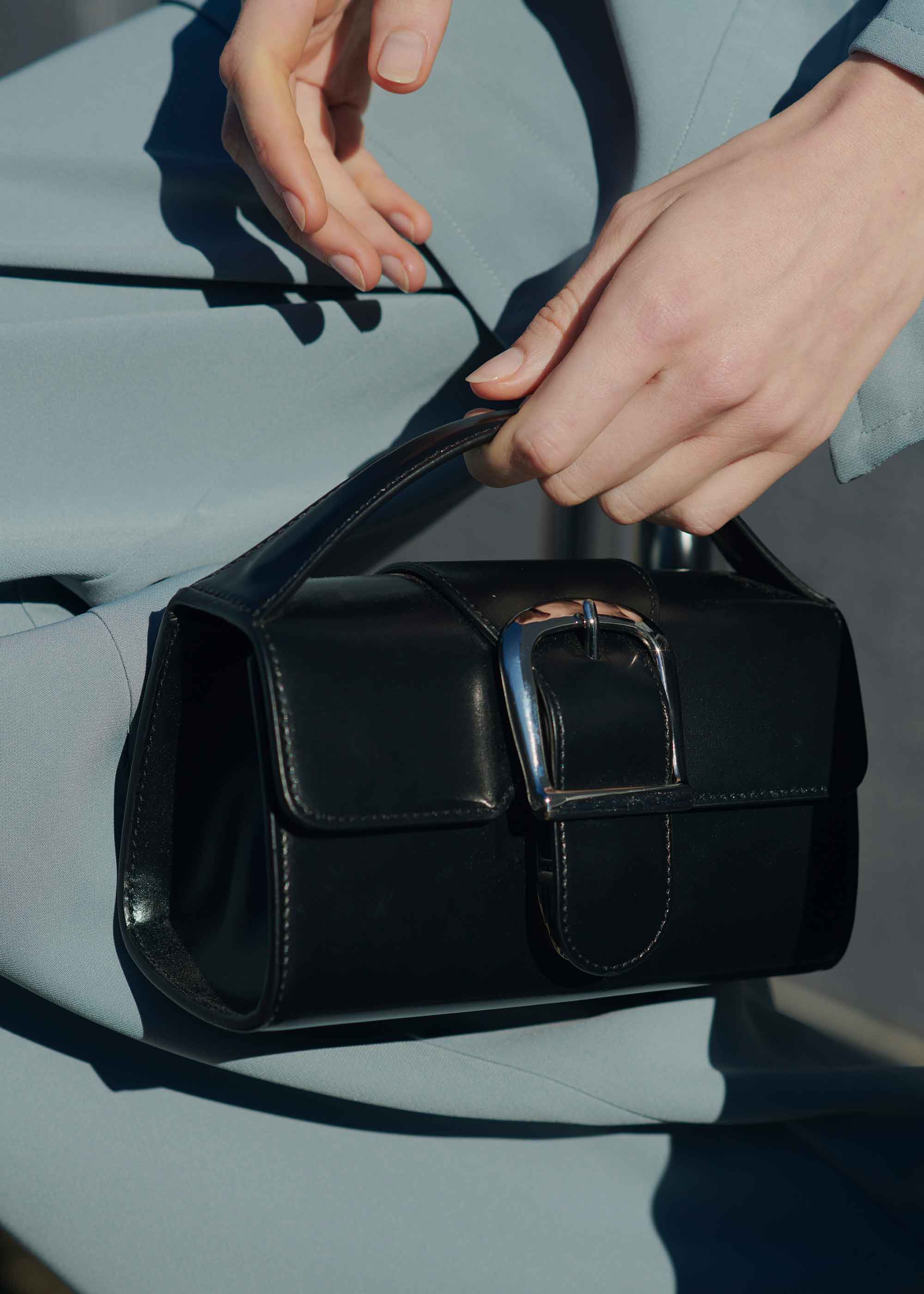 10.1S Black Mini Satchel with Flat Handle and Silver Buckle