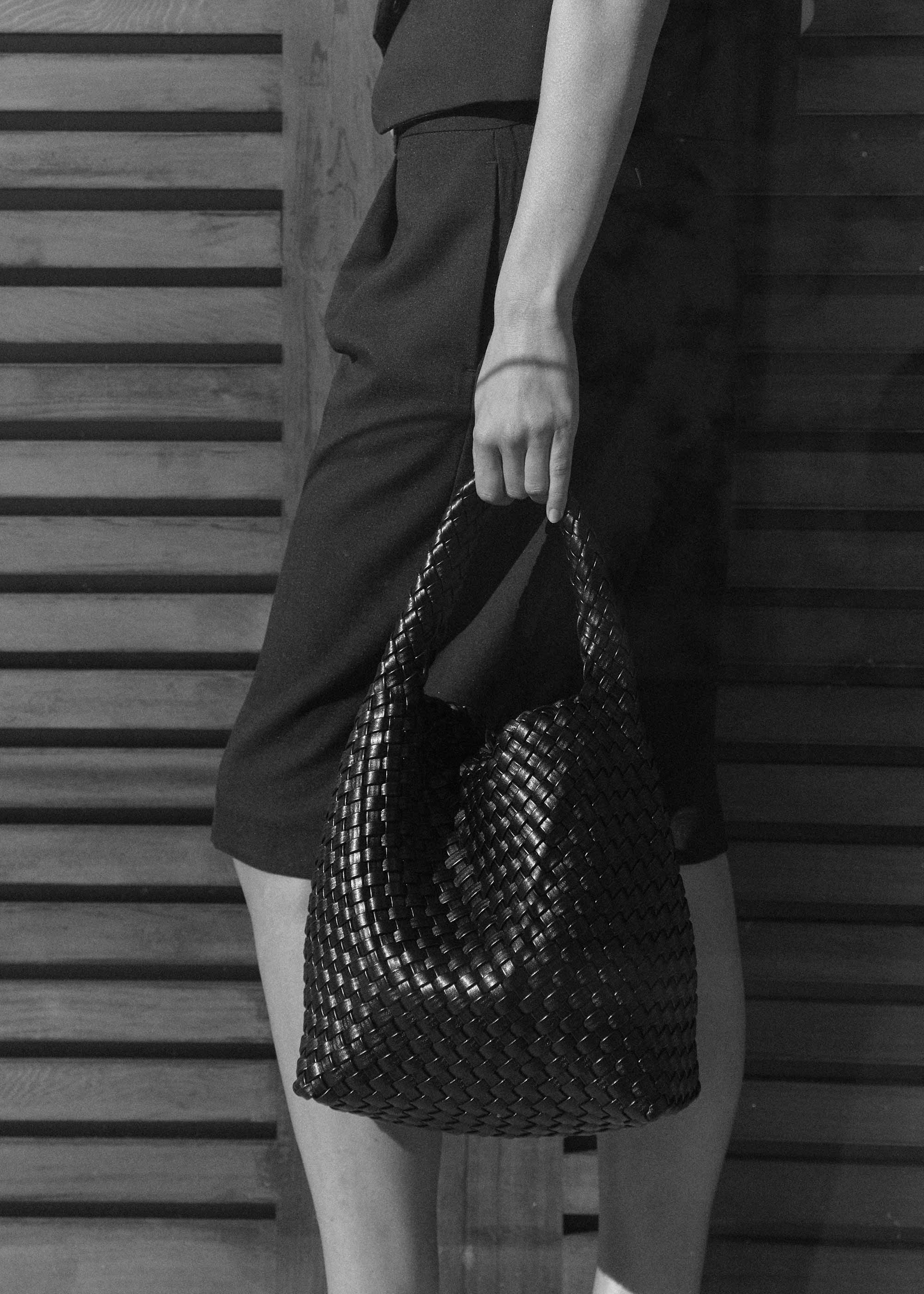 19.57 Black Recycled Alt-Leather Woven Small Tote